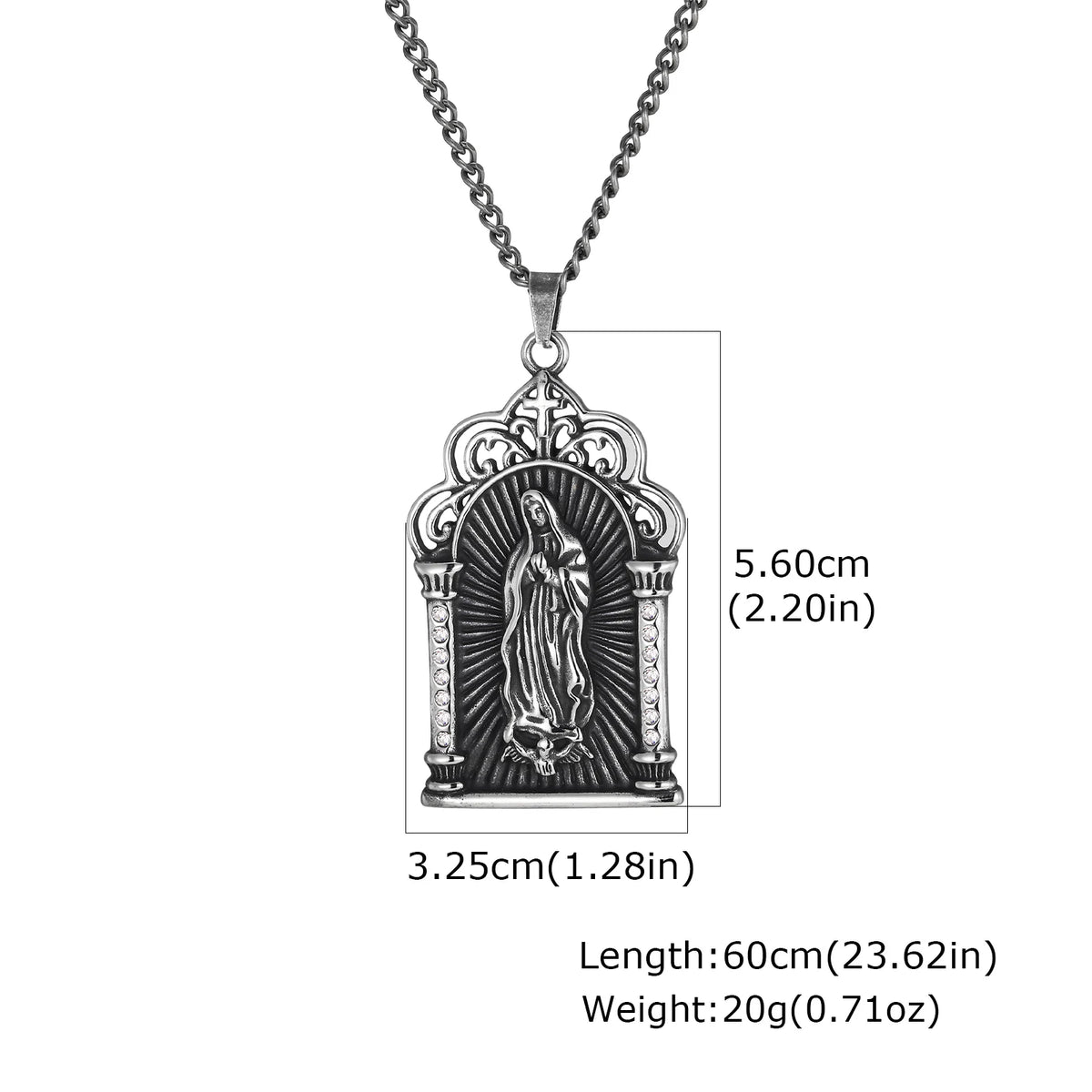 Men Stainless Steel Virgin Mary Pendant Necklace Retro Grey Clear CZ Crystal Gothic Church Religious Amulet for Daily Wear