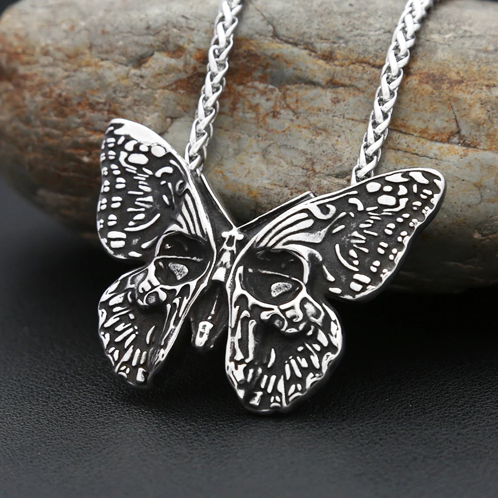 Vintage 316L Stainless Steel Butterfly Skull Pendant Necklace Hip Hop Biker Fashion Animal Necklaces For Men Women