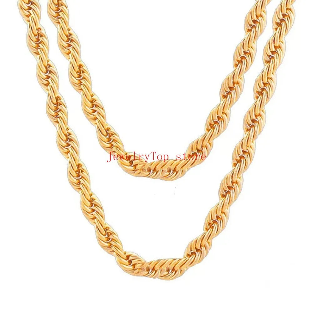 Fine Noble 18-24Inch 45-60cm 18K Gold 4mm Round Rope Chain Necklace for Women Man Fashion Wedding Party Charm Jewelry