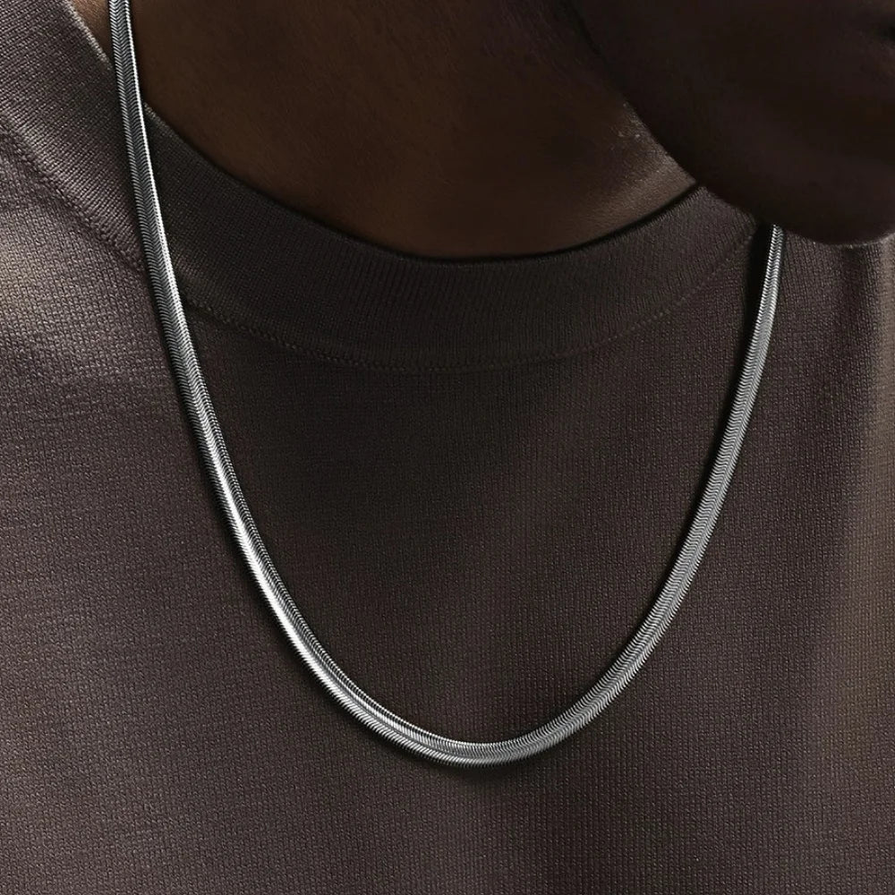 4mm Stainless Steel Flat Snake Chain Necklace Simple Silver Color Soft Chain Men Necklace Hip Hop Jewelry Trendy Accessories
