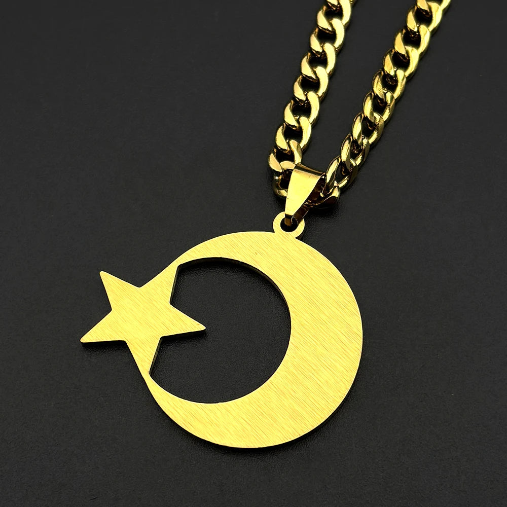 Muslim Islam Black Enamel Moon Star Stainless Steel Pendant Necklace for Women Men Gold Color Hebrew Hip Hop Chain Jewelry Gift