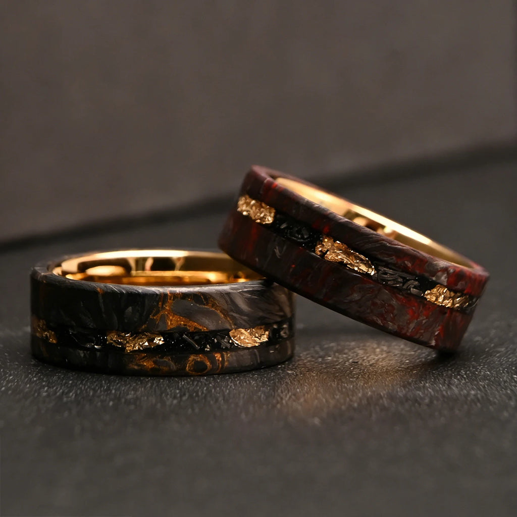 8MM Golden/Red Men's Tungsten Carbide Wedding Bands Fashion Carbon Fiber Ring Luxury Jewelry Inlaid Gold Leaf Meteorite Comfort