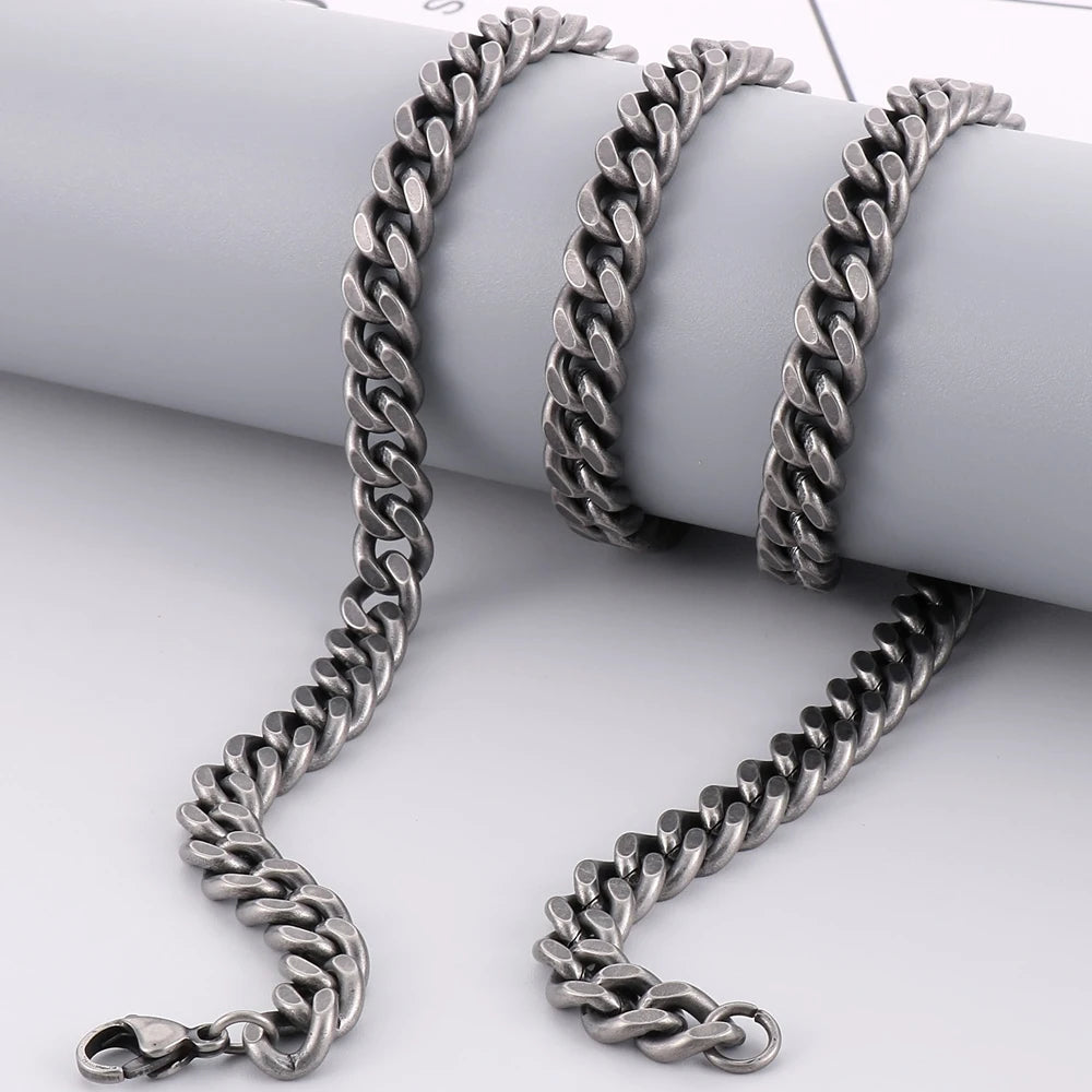 Vintage 8/10MM Curb Chain Necklace for Men Brushed Matte Stainless Steel Cuban Link Men's Boys Neck Chains Male Choker