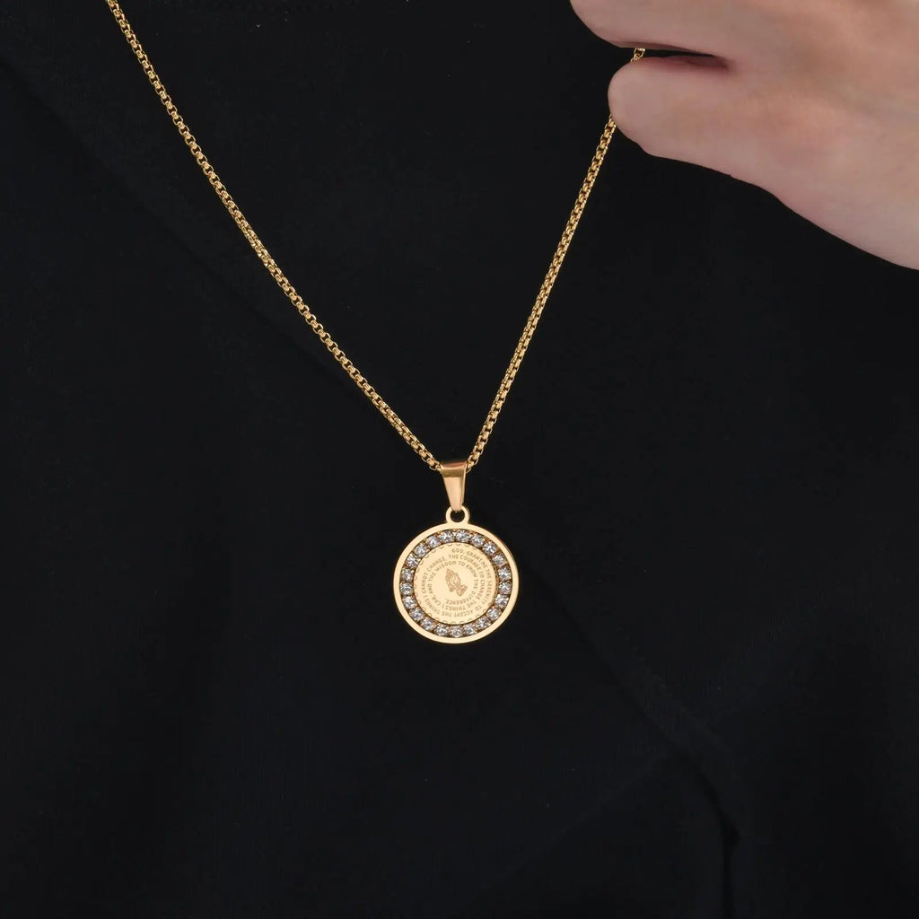 Iced Out Prayer Coin Pendant Necklace — Stainless Steel