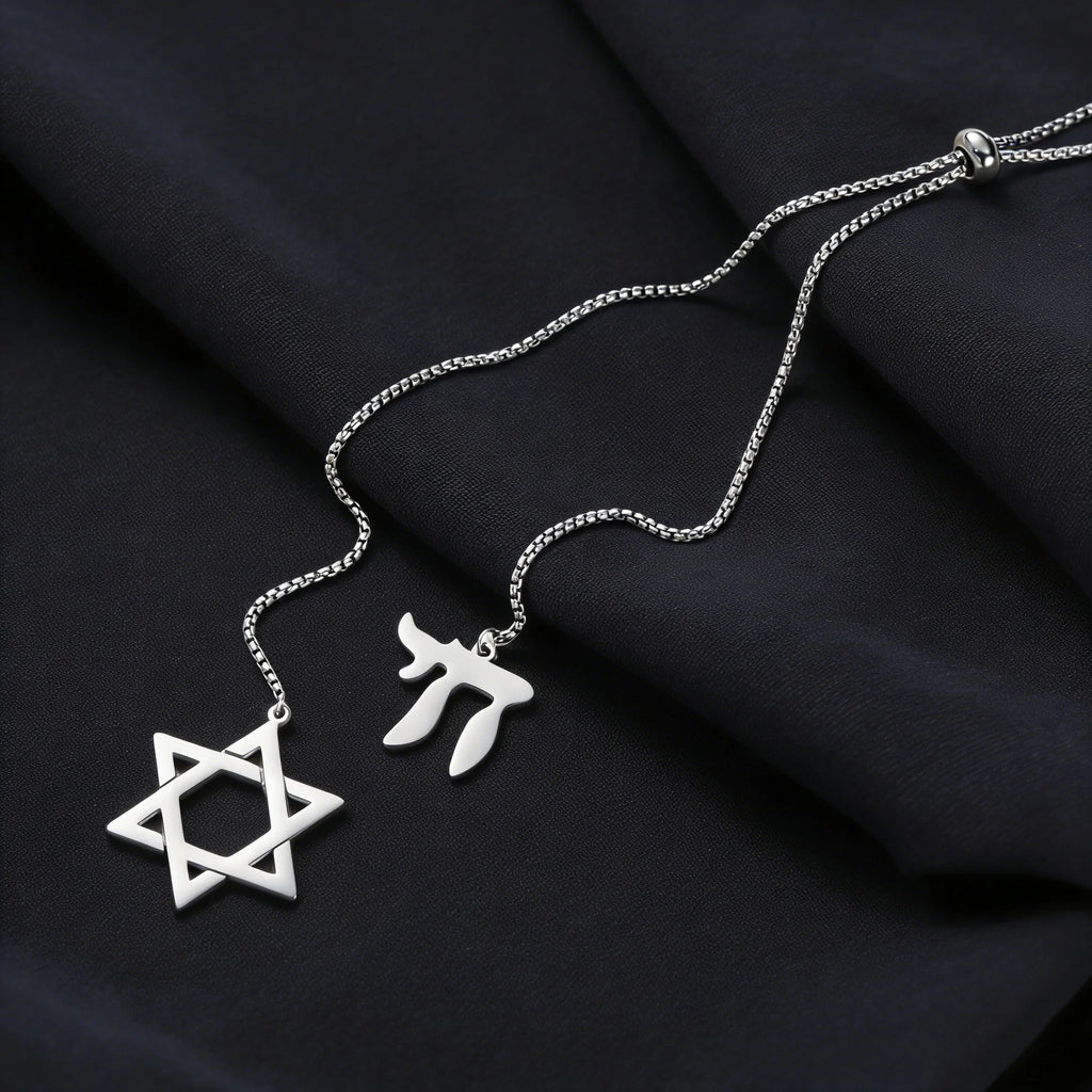 Star of David Chai Double Pendant Long Necklace — Stainless Steel