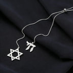 Star of David Chai Double Pendant Long Necklace — Stainless Steel