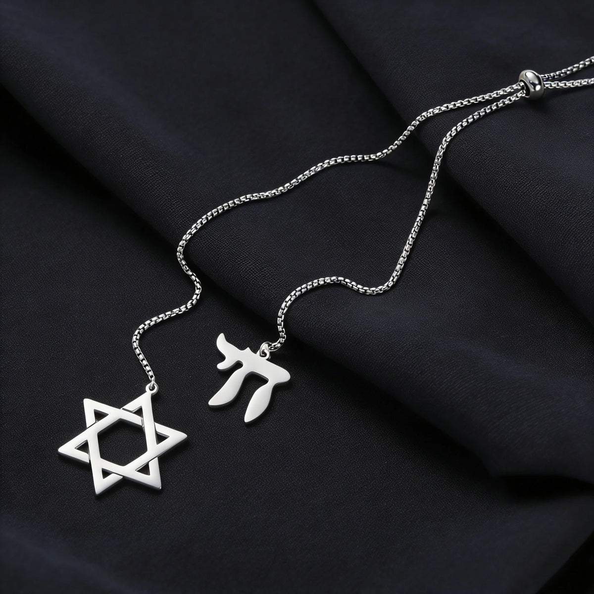 Star of David Chai Double Pendant Long Necklace — Stainless Steel