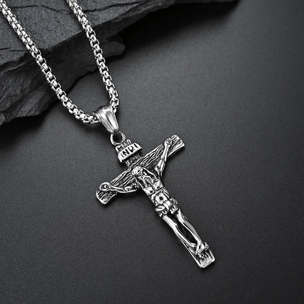 Vintage Stainless Steel Cross Jesus Necklace Pendant Men Women Religious Catholic Cross Necklace Chain Amulet Jewelry Gift
