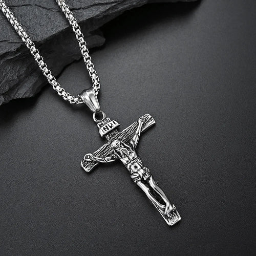 Chunky Vintage Jesus Cross Pendant Necklace