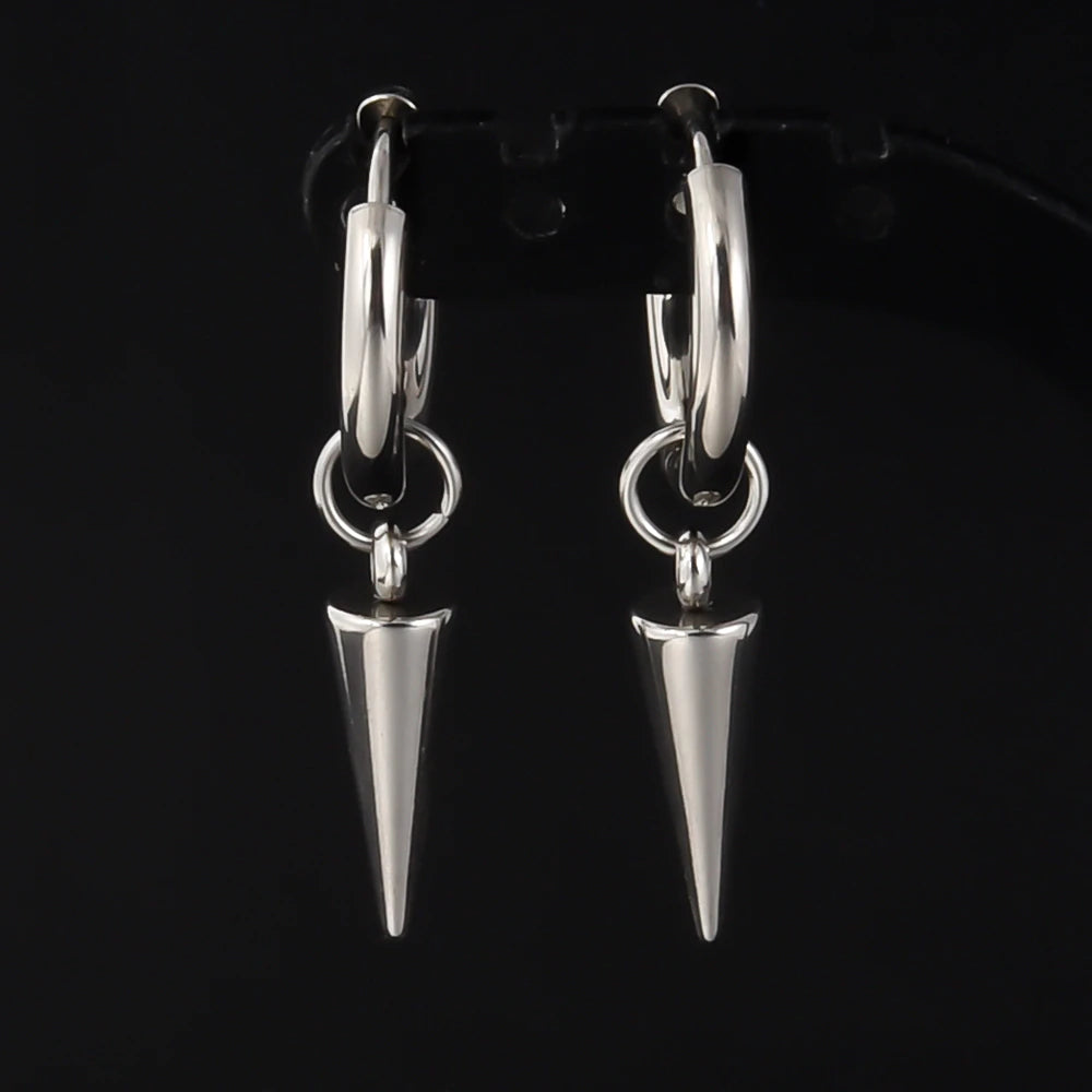 Spike Cone Drop Huggie Hoop Earrings for Men — Stainless Steel