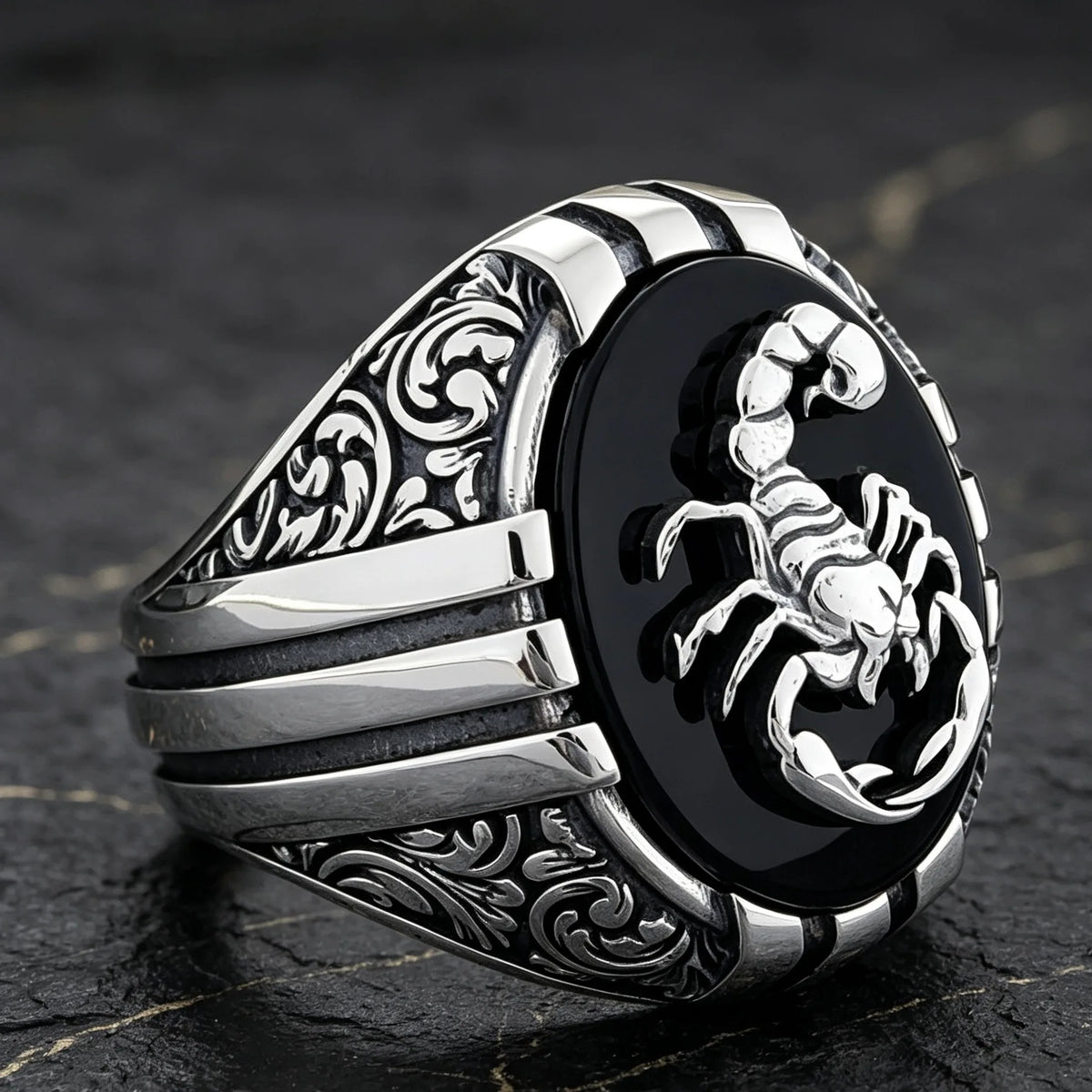 Vintage Scorpion Signet Ring for Men, Carved Black Onyx Inlay Punk Gothic Finger Ring, Scorpio Zodiac Statement Jewelry