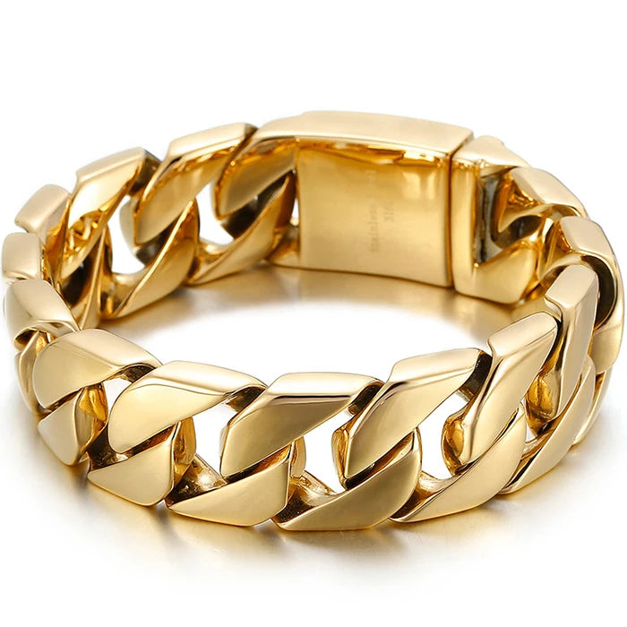 Matte Polished Gold Color Stainless Steel Men's Bracelet for Man 20MM Curb Link Chain Wrist On Hand Bands Jewelry