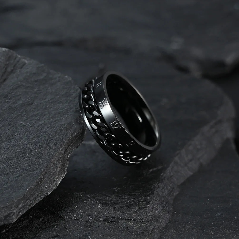 Roman Numerals Stainless Steel Chain Rotating Anxiety Black Rings For Men Fidget Metal Spinner Knuckle Ring Anillos De