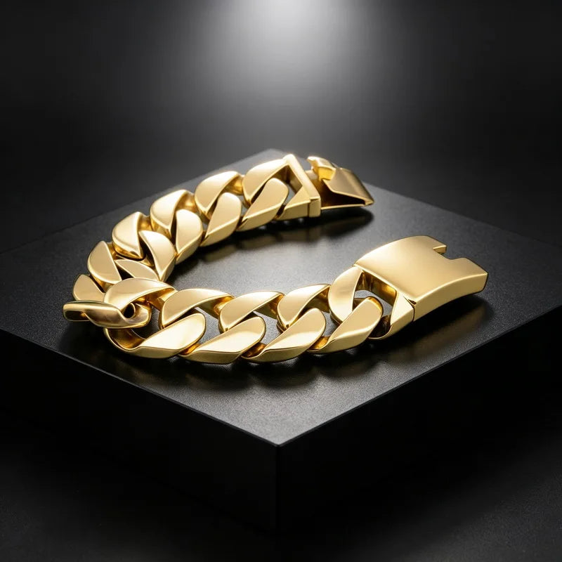 26mm Punk Rock Stainless Steel Rhombus Cuban MIami Link Chain Bracelets for Men Hip Hop Rock Jewelry Gold Color