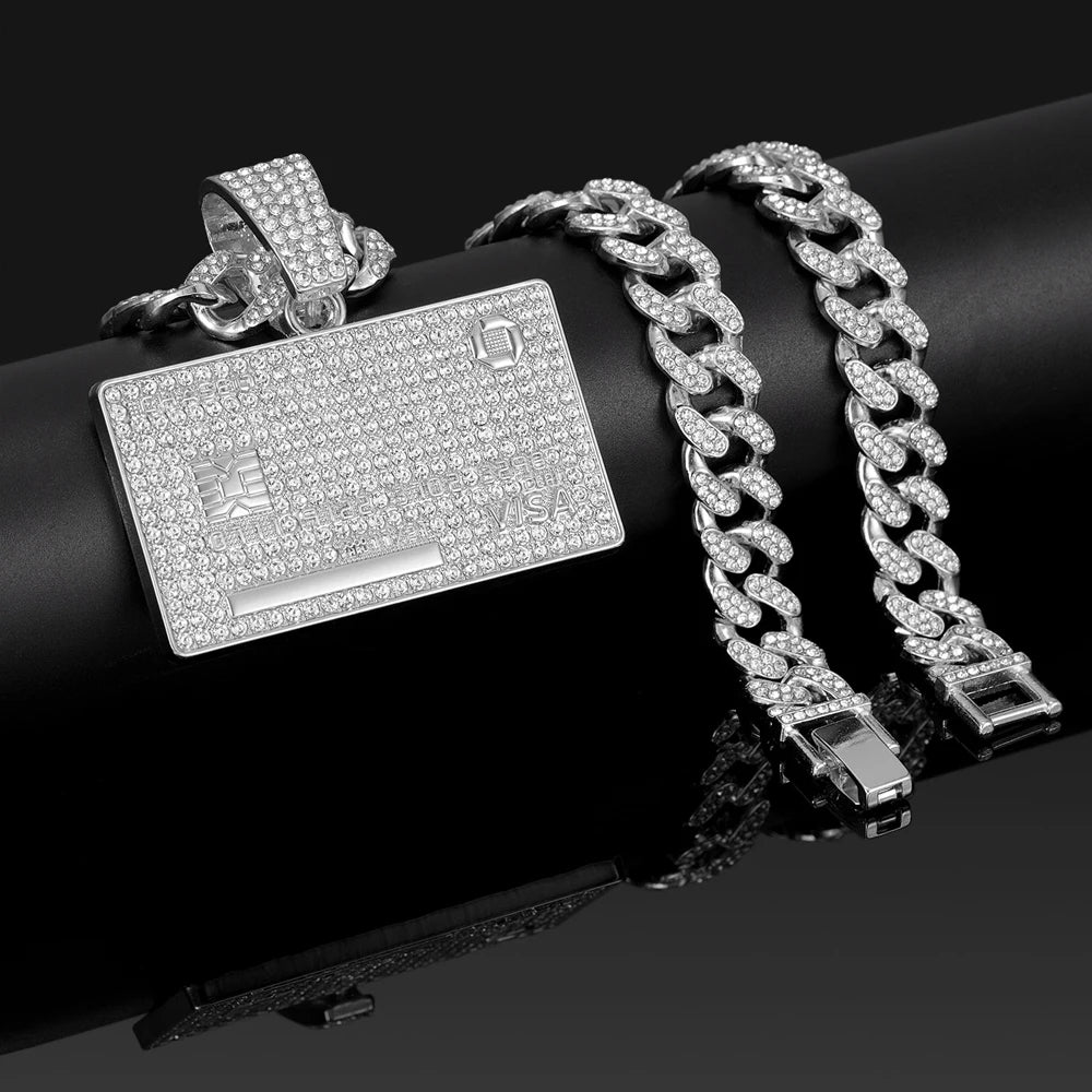 Men's Hip Hop Credit VISA Card Pendants With 13mm Miami Cuban Chain Iced Out Bling Bank Card Necklaces Fashion Jewelry for Woman