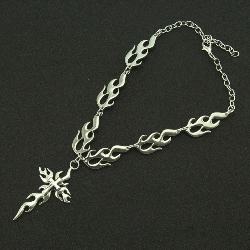 Fashion Hip-hop Sliver Color Flame Cross Crow Skull Pendant Necklace for Women Men Couple Gothic Halloween Party Jewelry Gifts