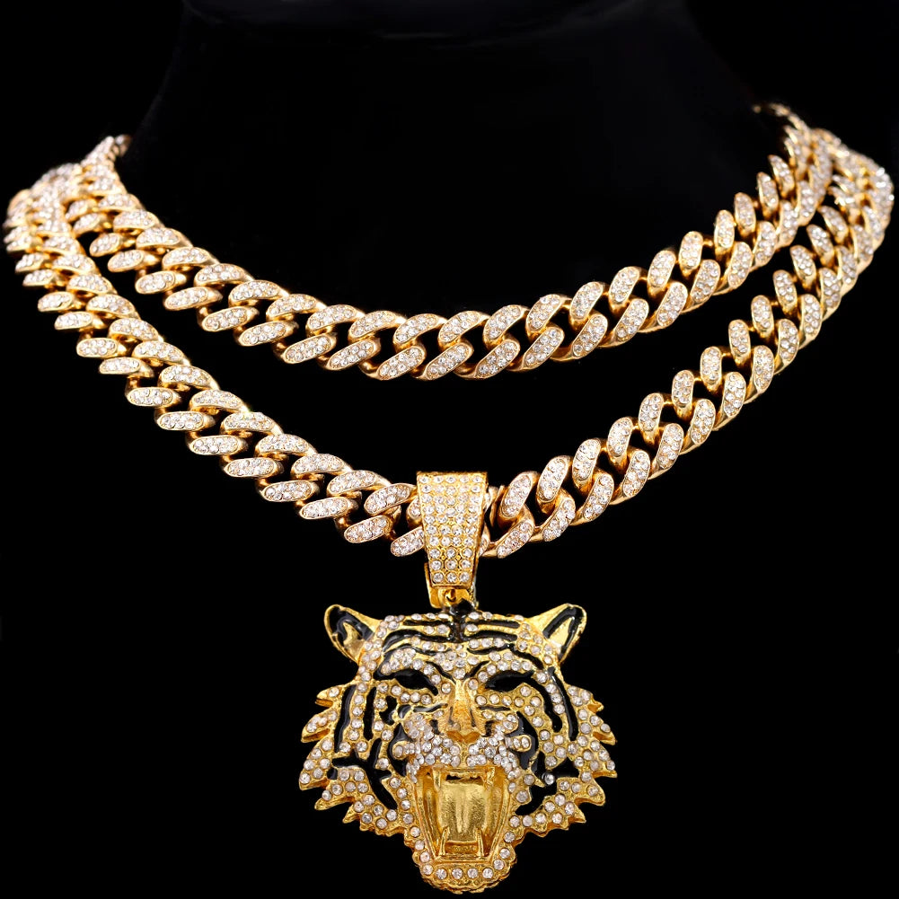 Iced Out Tiger Head Cuban Pendant — Gold