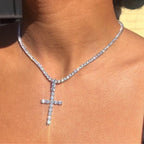 Personality Trend Silver Color Zircon Cross Pendant Necklace for Women Charm Shiny Crystal Chokers Jewelry Gift