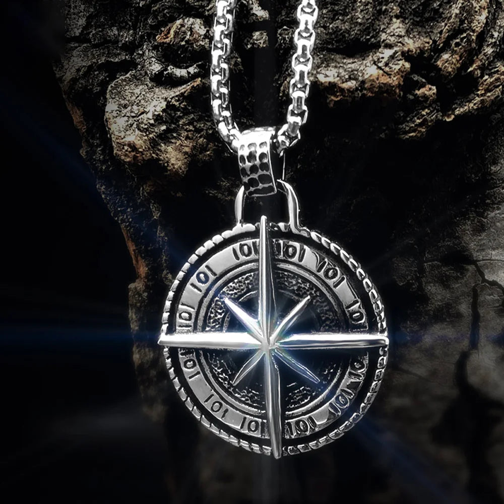 Voyager Vintage Viking Compass Pendant Necklace For Men Punk Hip Hop 316L Stainless Steel Biker Cross Necklace Jewelry