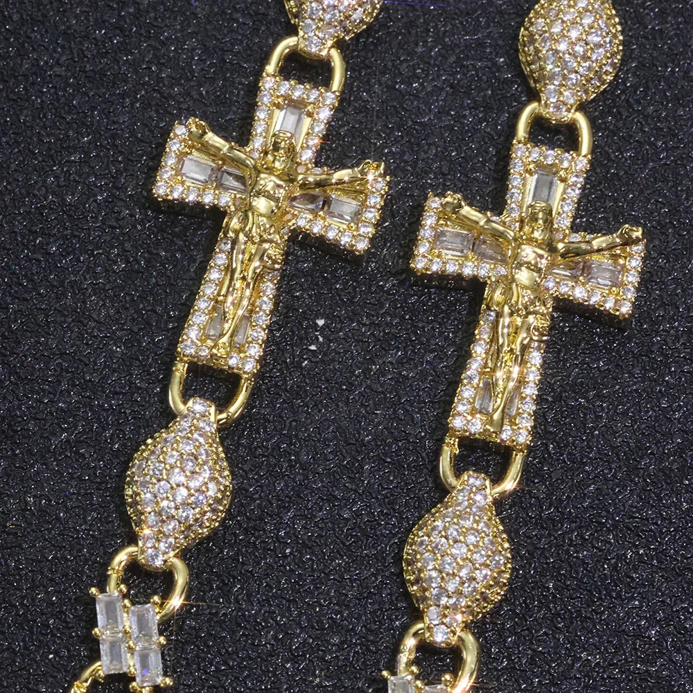 Cross Iced Out Rosary Chain Necklace Stainless Steel