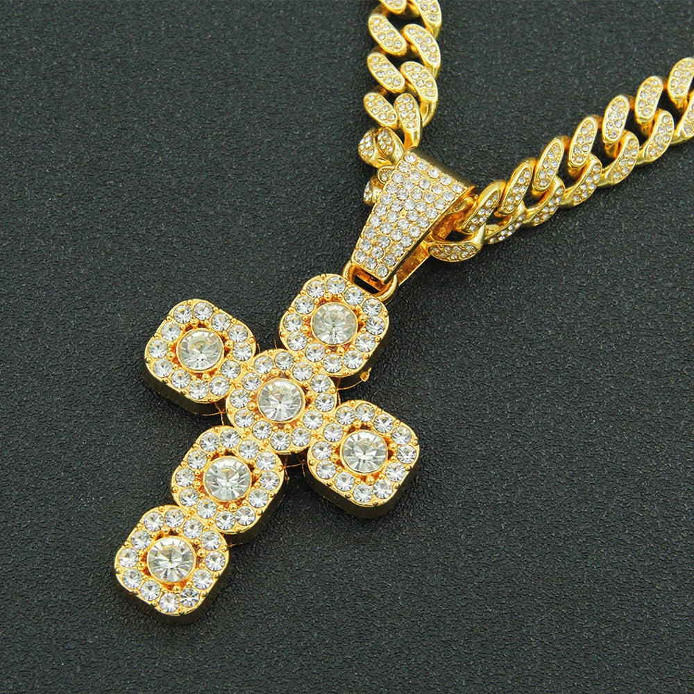 Iced Out Square Cross 13mm Cuban Chain Necklace — Zinc Alloy