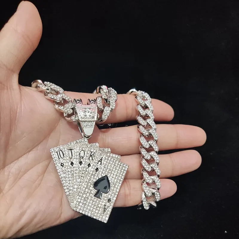 Men Women Hip Hop playing card Pendant Necklace With Crystal Cuban Chain HipHop Iced Out Bling Necklaces Fashion Charm