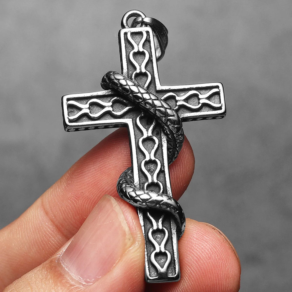 Snake Cross Pendant Necklace — Stainless Steel