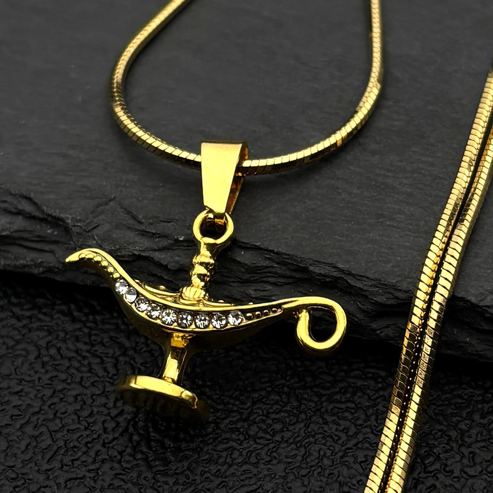 Snake Gold Pendant Vintage Aladdin Lamp Rhinestones
