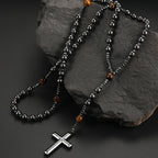 Black Hematite Round Beads Yellow Tiger-eye Stone Cross Pendant Necklace for Men and Women