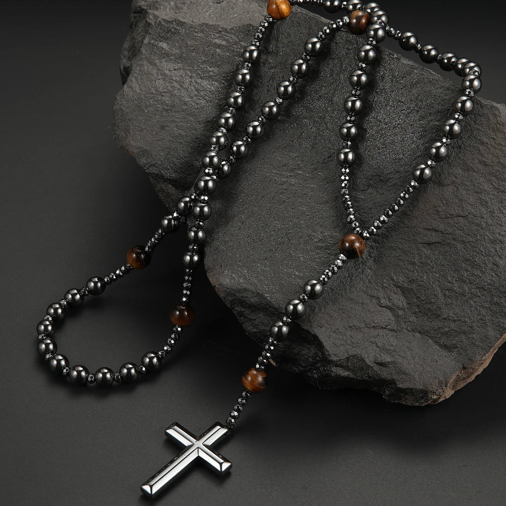 Black Hematite Round Beads Yellow Tiger-eye Stone Cross Pendant Necklace for Men and Women