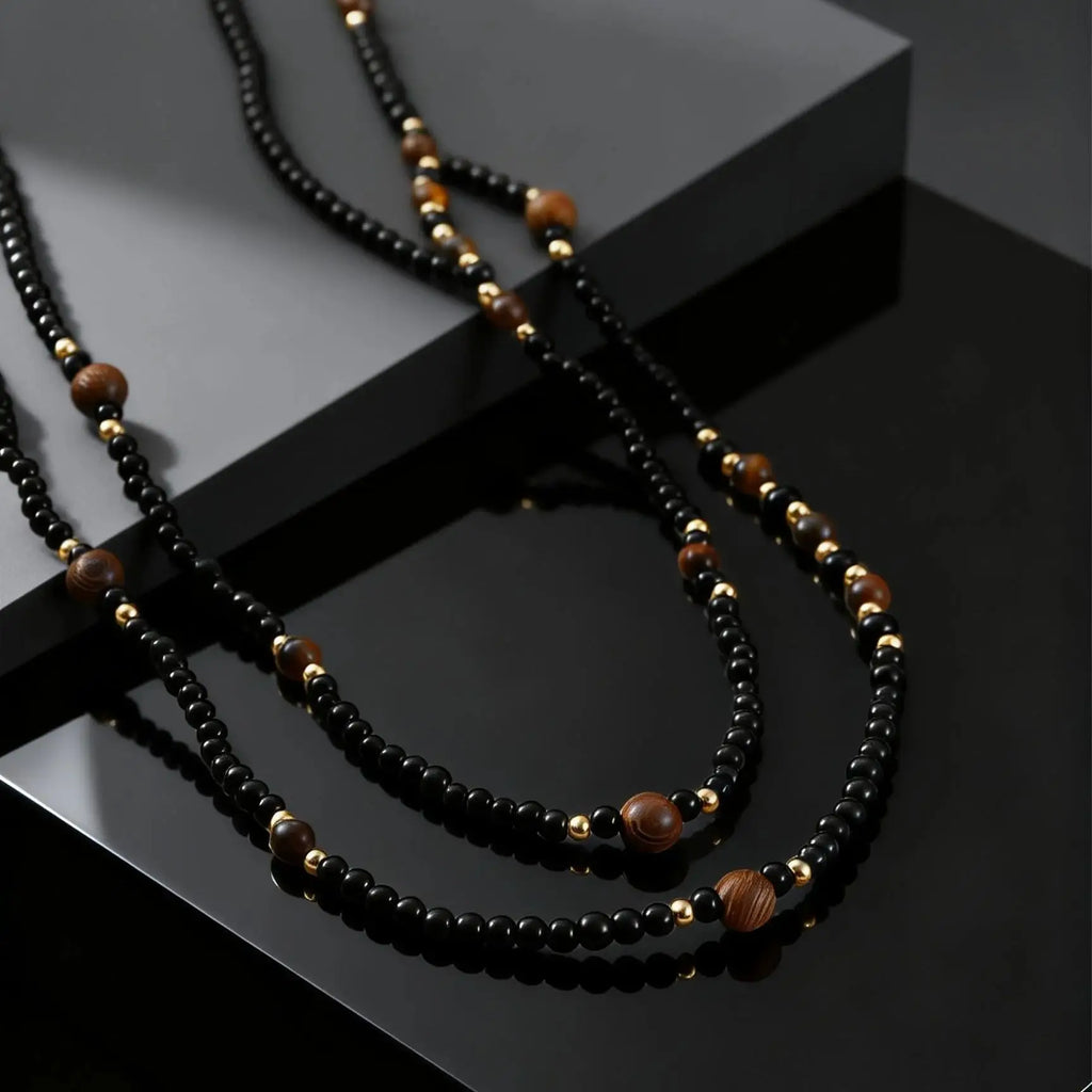 Black Agate Natural Stone Tiger Eye Beads Chain Necklace for Men, Retro Long Sweater Chain Necklace, Fashion Boho