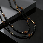 Black Agate Natural Stone Tiger Eye Beads Chain Necklace for Men, Retro Long Sweater Chain Necklace, Fashion Boho