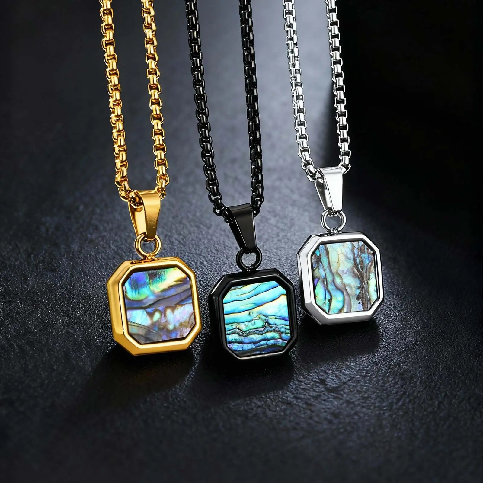 Fashion High Quality Natural Stone Square Pendant Stainless Steel Long Chain Necklace Trendy Simple Popular Jewelry for Men Gift