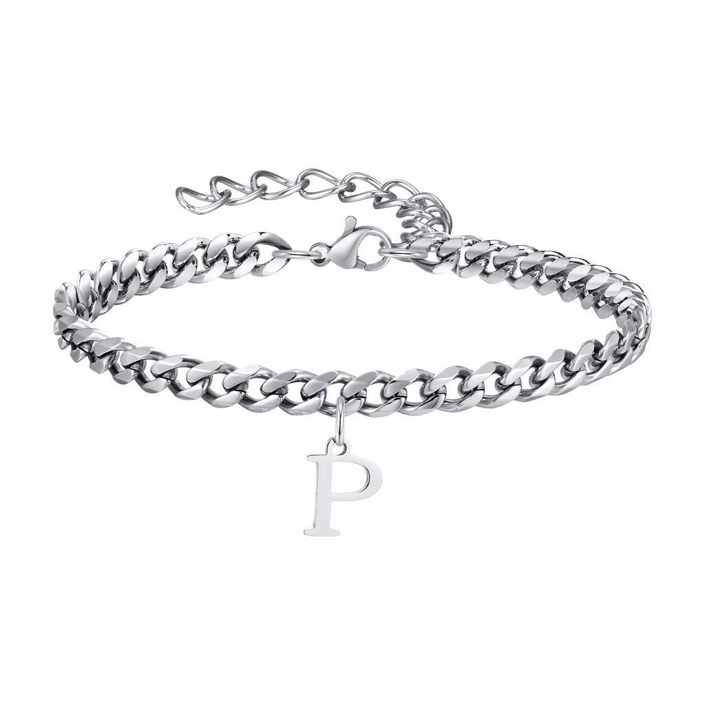 Vnox A-Z Initial Bracelets for Men Women, Never Fade Silver Color Stainless Steel Cuban Chain Bracelet with 26 Letter