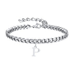 Vnox A-Z Initial Bracelets for Men Women, Never Fade Silver Color Stainless Steel Cuban Chain Bracelet with 26 Letter