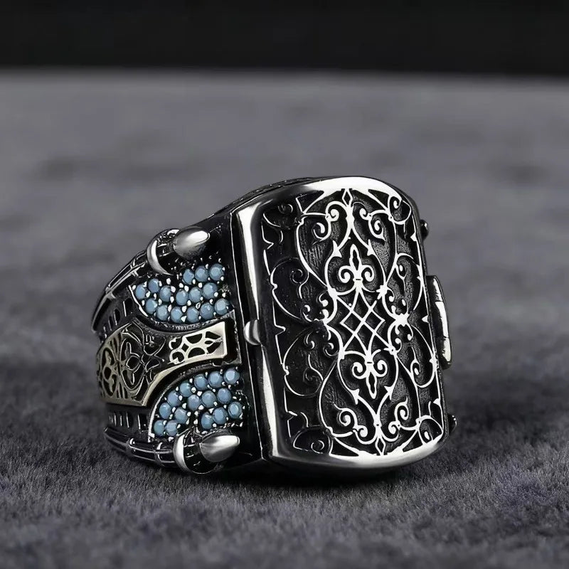 European and American new fashion armor shield shape retro engraved flip men's ring