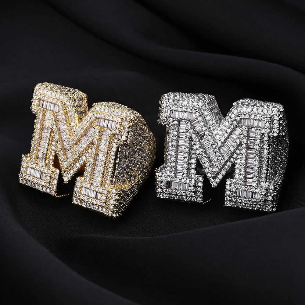 Iced Out M Letter Ring Stainless Steel Statement