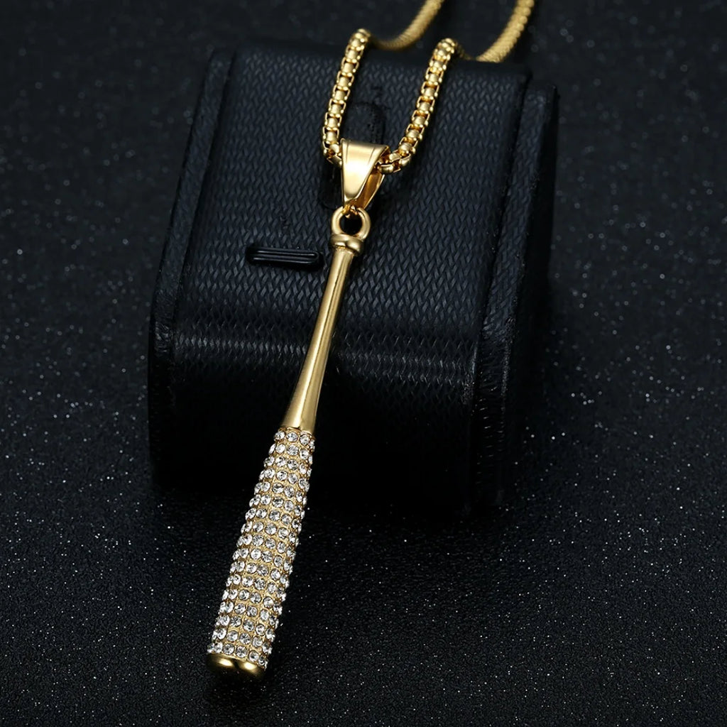 Iced Out Baseball Bat Pendant Necklace — Two-Tone Steel