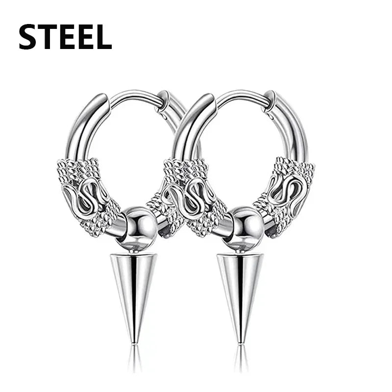 Feather Dangle Huggie Hoop Earrings for Men — Stainless Steel