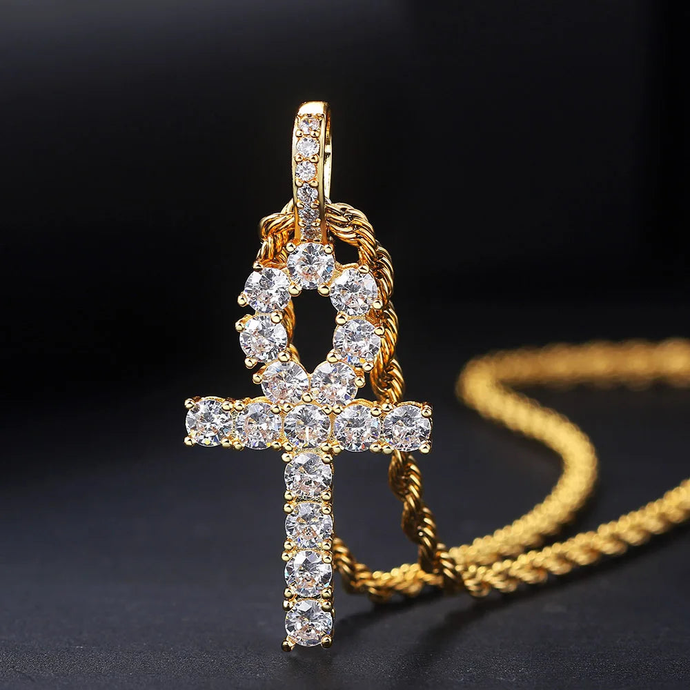 Gold Iced Out Cross Ankh Pendant Necklace