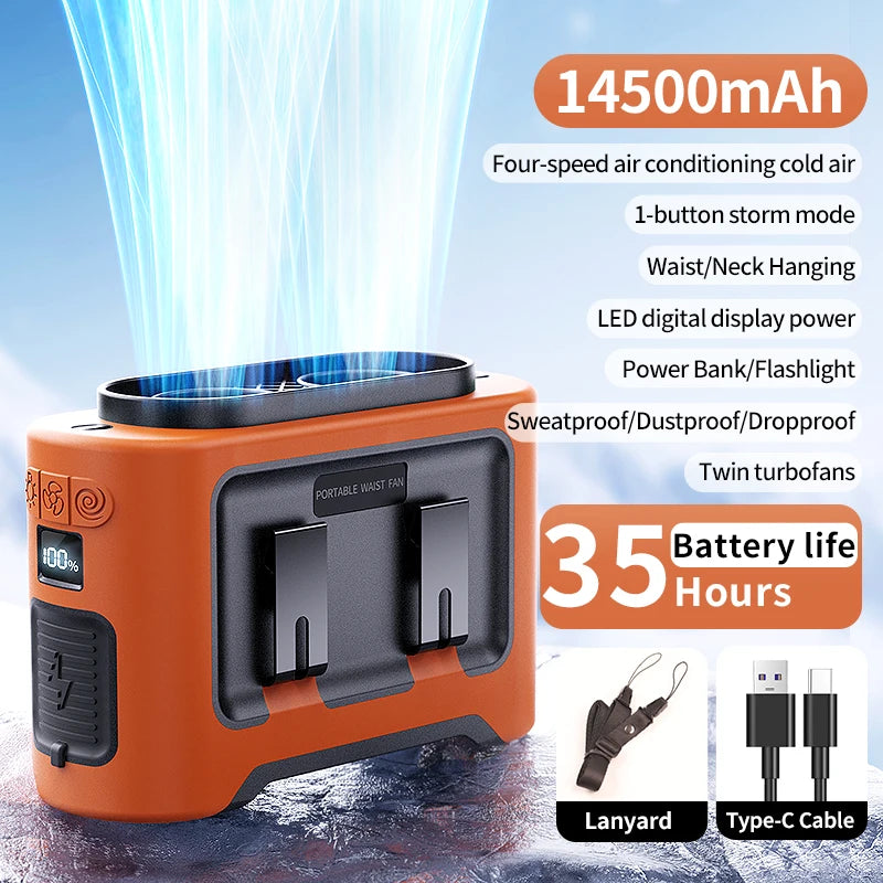 Socoolfan 14500mAh Outdoor Fan Portable Waist Hanging Neck Strong Dual Air Vents Fans for Travel Sports Courier Outdoor
