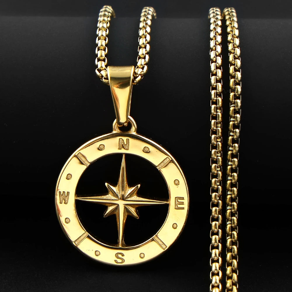 Hollow North Star Compass Pendant Necklace — Stainless Steel