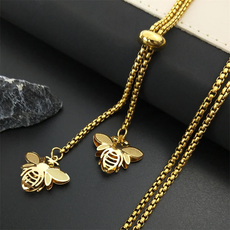 Bee Gold Statement Long Necklace — Stainless Steel