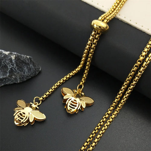 Bee Gold Statement Long Necklace — Stainless Steel
