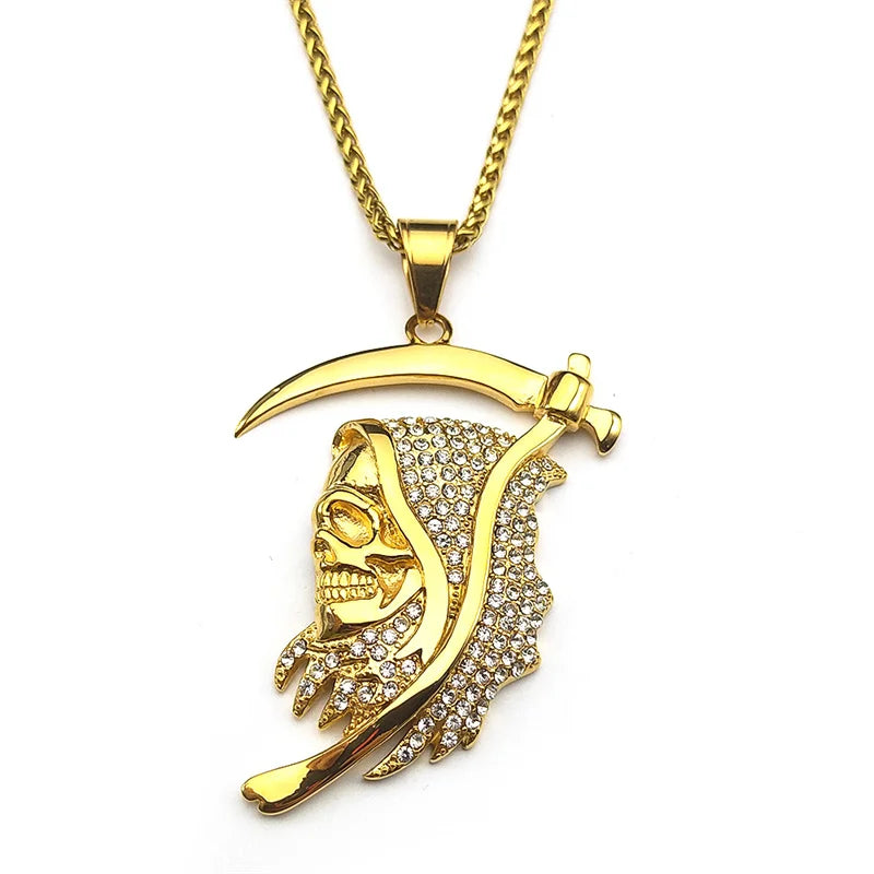 Stainless Steel Rhinestones Saint Death Santa Muerte Grim Reaper Pendant Necklace for Women Men Gold Plated Sickle