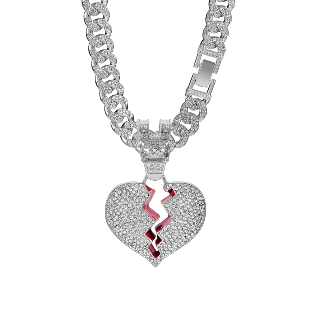 Men Hip Hop Heart Broke Pendant Necklace13mm Miami Cuban Chain HipHop Iced Out Bling Broken Heart Necklace Fashion Charm Jewelry