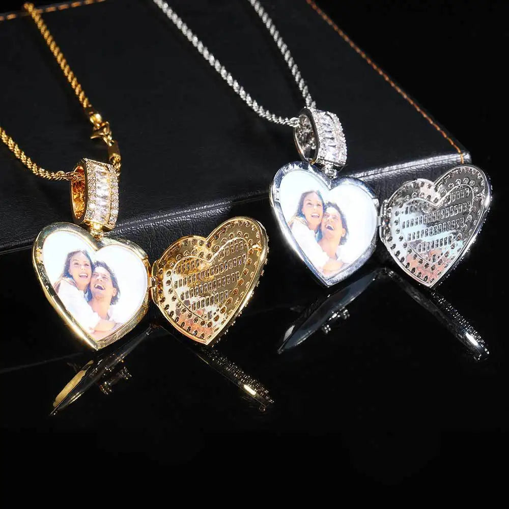 Iced Out Heart Photo Pendant Necklace