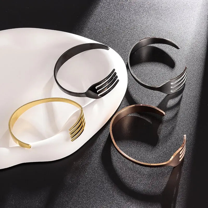 Fashion Design Stainless Steel Curved Tableware Fork Open Bracelet Men and Women Personality Charm Hip Hop Casual