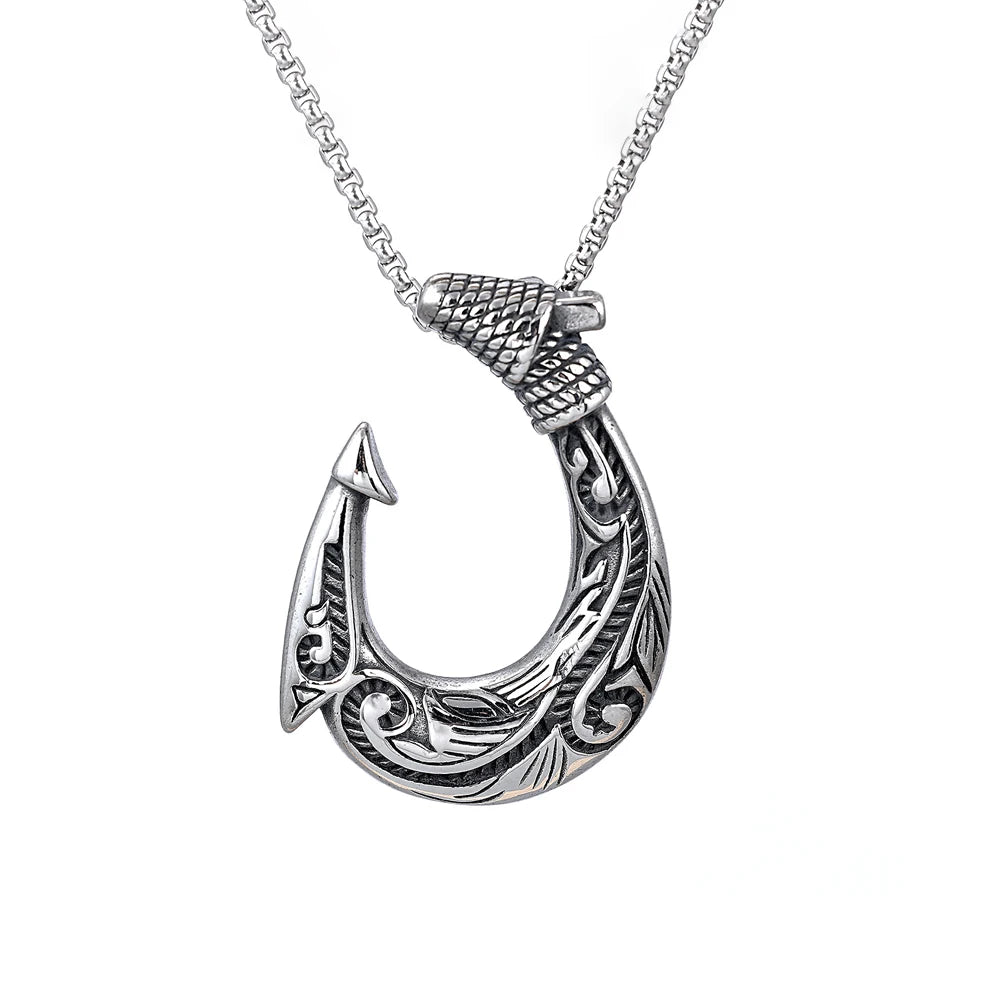 Tribal Swirl Fish Hook Stainless Steel Pendant Necklace Coastal Protective Marine Themed  Men Fishing Beach Casual Holiday Gift