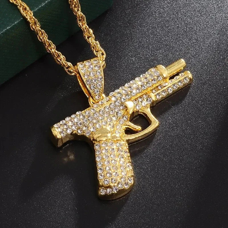 Crystal Pistol Pendant Necklace — Iced Out Two-Tone Street Chain